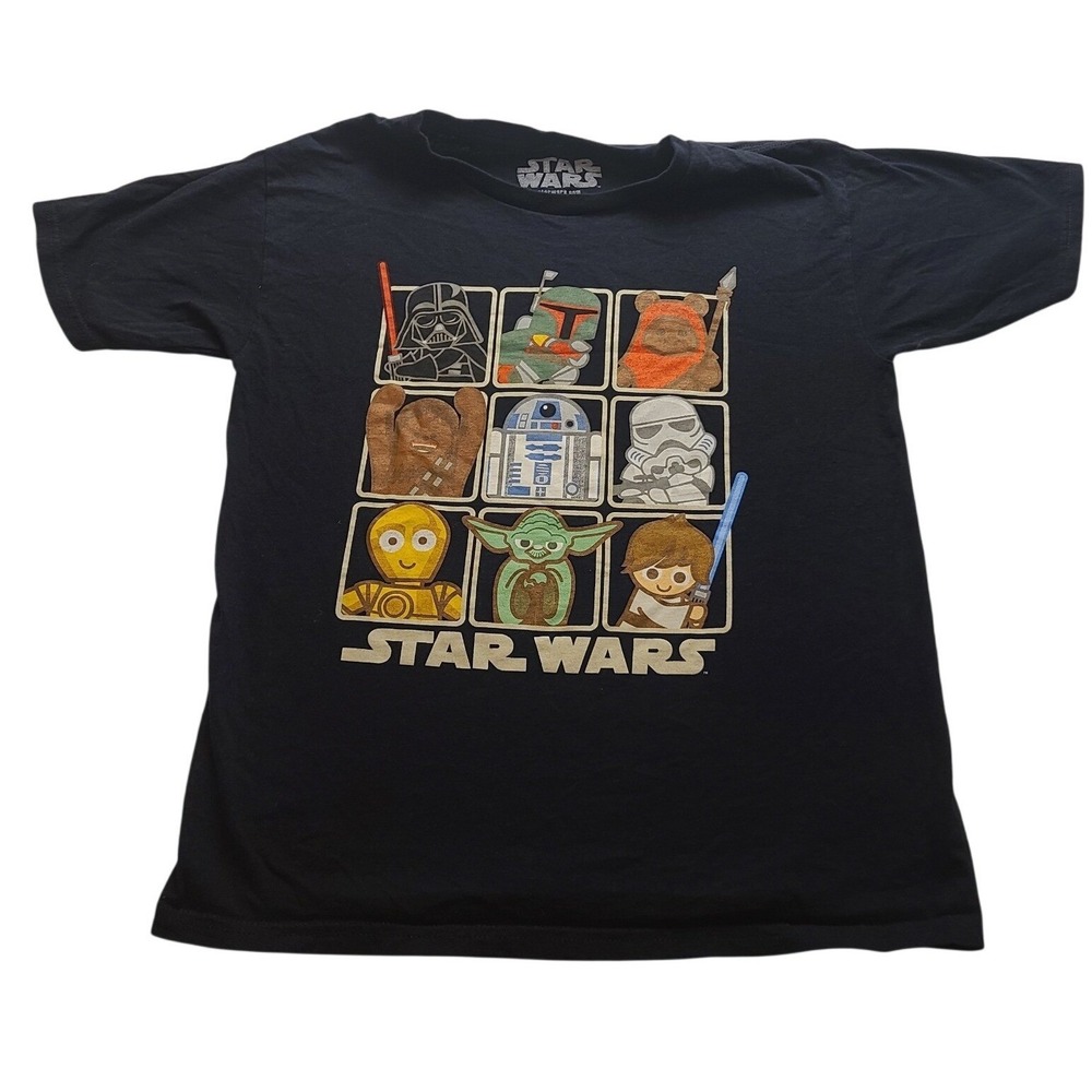 Star Wars Boys Large Black Character Grid Graphic T-Shirt Yoda Darth Vader NWOT